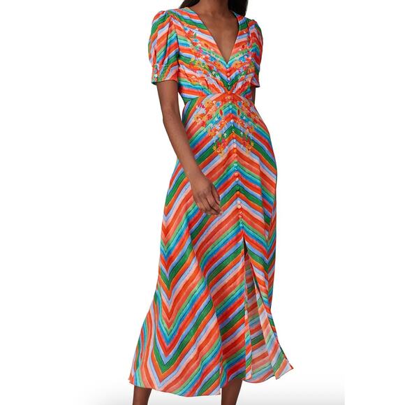 Saloni Striped Lea Dress 2 Floral Silk Short Sleeve V-Neck Button Front  Empire - Picture 1 of 9